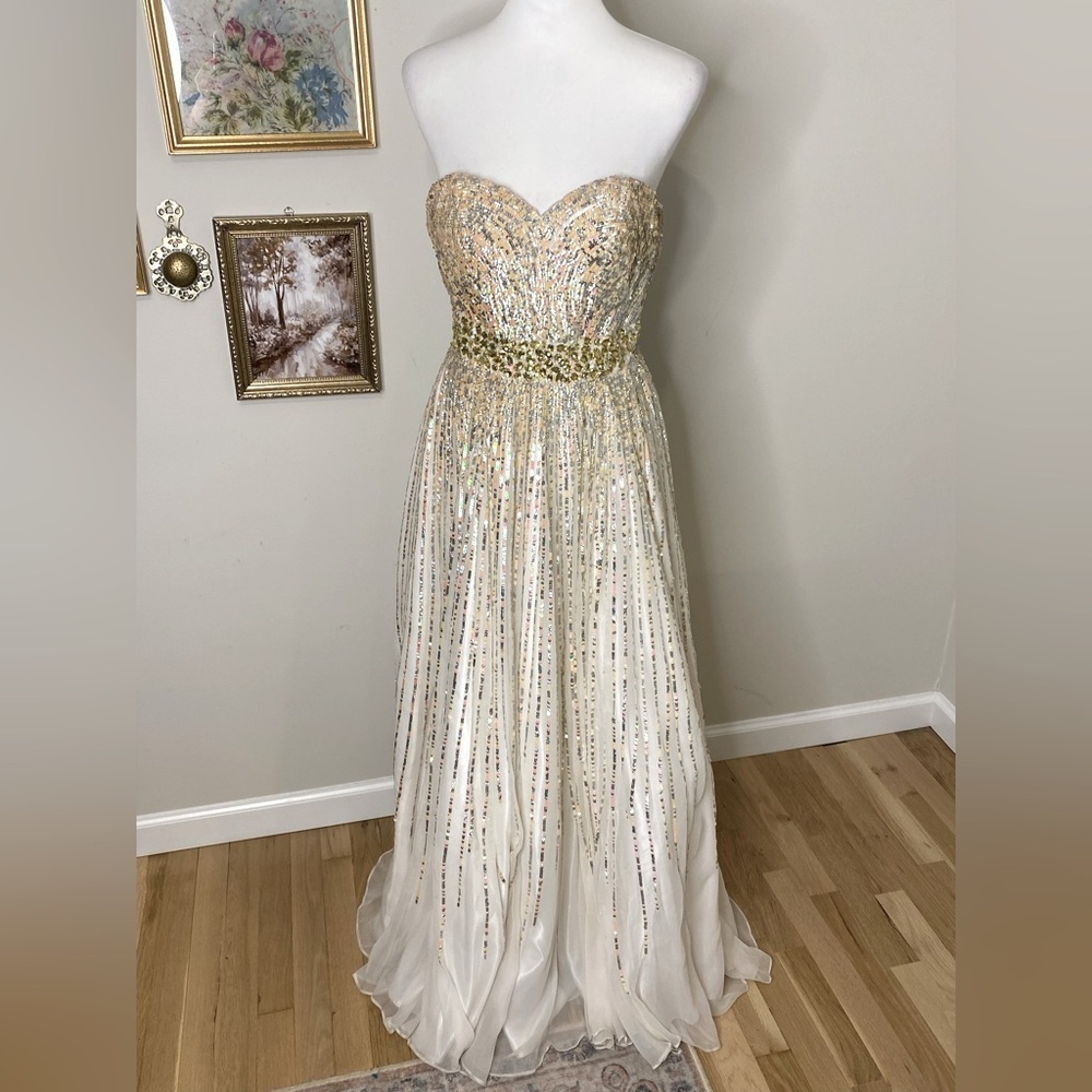Sherri Hill Sparkly Show Stopper Strapless Gold and Cream Evening Gown Sz 4